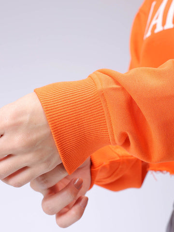 Women's Orange Boxy Fit Typographic Cropped Sweatshirt