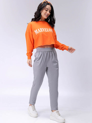 Women's Orange Boxy Fit Typographic Cropped Sweatshirt