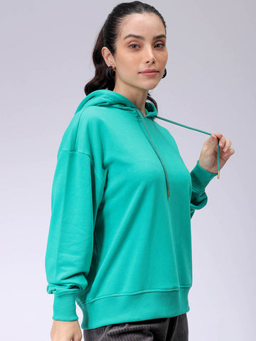 Women's Green Loose Fit Backprinted Hooded Sweatshirt