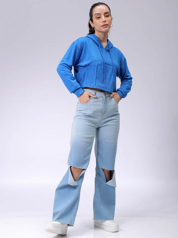 Women's Blue Fitted Solid Corset Sweatshirt
