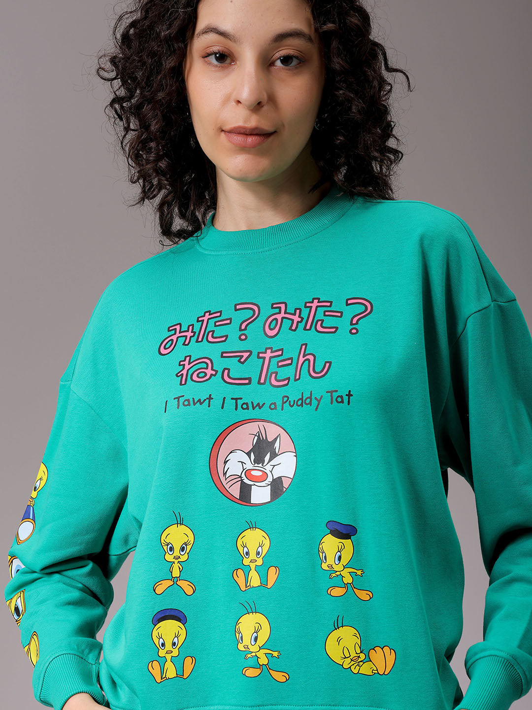 Women's Green Boxy Fit Looney Tunes Long Sweatshirt
