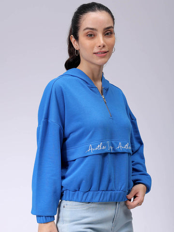 Women's Blue Loose Fit Typographic Hooded Sweatshirt
