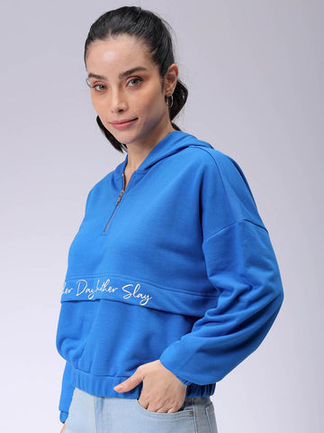 Women's Blue Loose Fit Typographic Hooded Sweatshirt