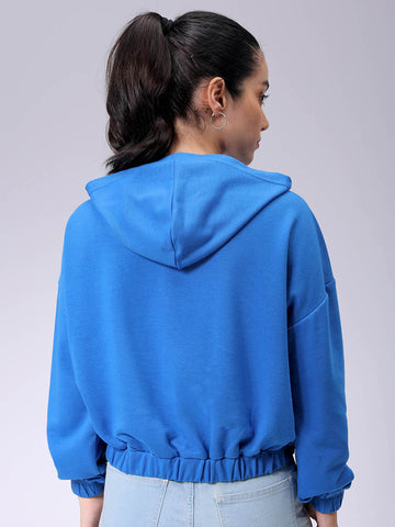 Women's Blue Loose Fit Typographic Hooded Sweatshirt