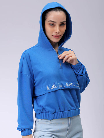 Women's Blue Loose Fit Typographic Hooded Sweatshirt