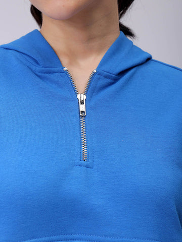 Women's Blue Loose Fit Typographic Hooded Sweatshirt