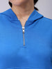 Women's Blue Loose Fit Typographic Hooded Sweatshirt