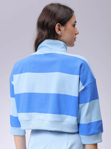 Women's Boxy Horizontal Striped Quarter Open Sweatshirt