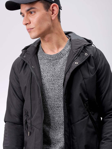 Men's Black Slim Fit Solid Hooded Jacket