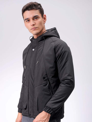Men's Black Slim Fit Solid Hooded Jacket