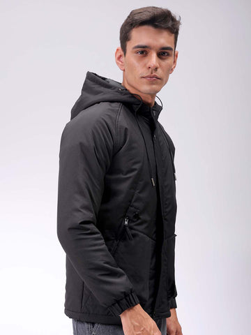 Men's Black Slim Fit Solid Hooded Jacket