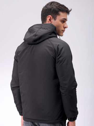 Men's Black Slim Fit Solid Hooded Jacket