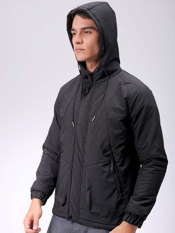 Men's Black Slim Fit Solid Hooded Jacket
