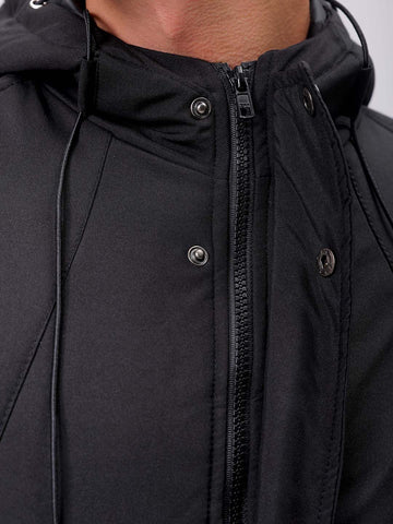 Men's Black Slim Fit Solid Hooded Jacket