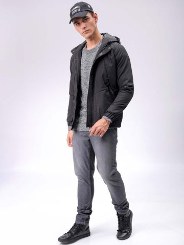Men's Black Slim Fit Solid Hooded Jacket