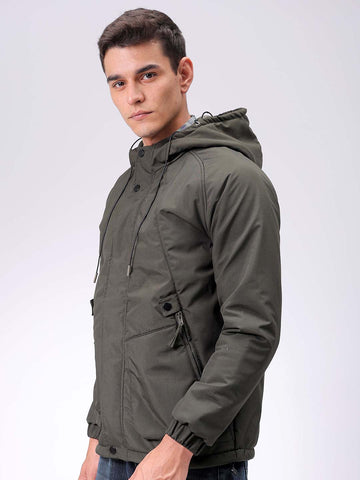 Men's Olive Slim Fit Solid Hooded Jacket