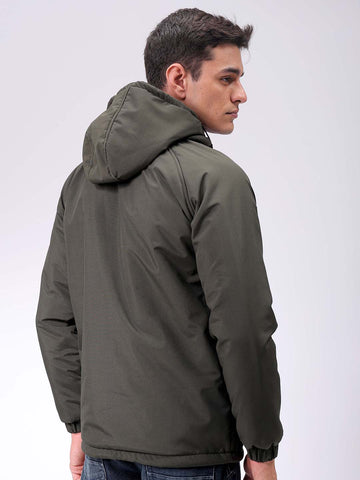 Men's Olive Slim Fit Solid Hooded Jacket