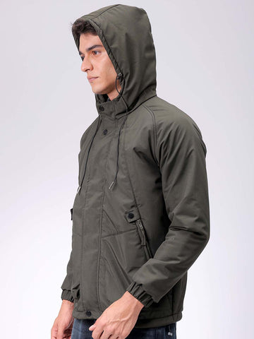 Men's Olive Slim Fit Solid Hooded Jacket