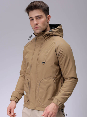 Men's Beige Slim Fit Solid Winter Jacket