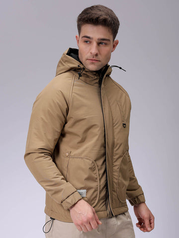 Men's Beige Slim Fit Solid Winter Jacket