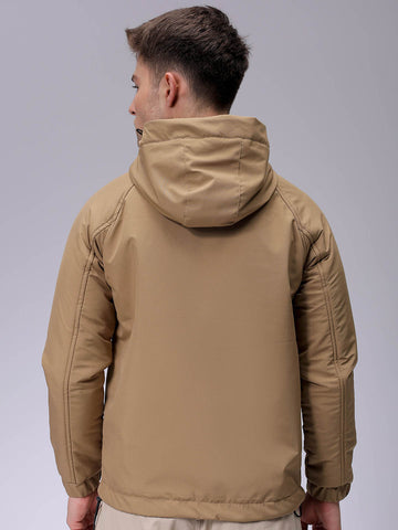 Men's Beige Slim Fit Solid Winter Jacket