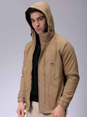Men's Beige Slim Fit Solid Winter Jacket