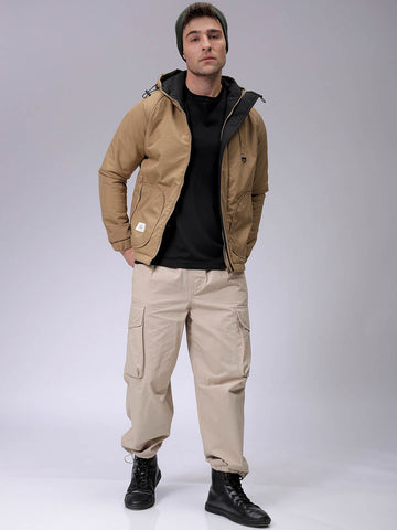 Men's Beige Slim Fit Solid Winter Jacket