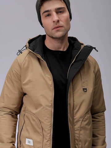 Men's Beige Slim Fit Solid Winter Jacket