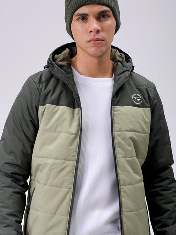 Men's Green Slim Fit Solid Hooded Jacket