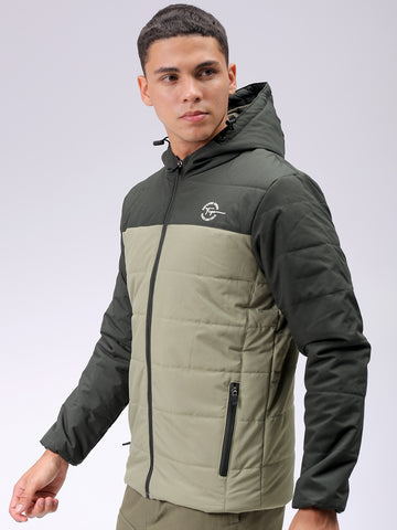 Men's Green Slim Fit Solid Hooded Jacket