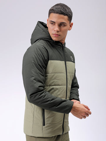 Men's Green Slim Fit Solid Hooded Jacket