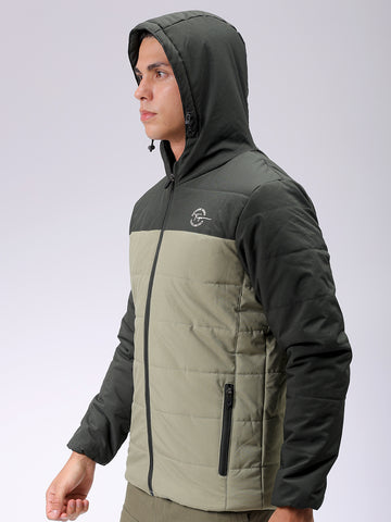 Men's Green Slim Fit Solid Hooded Jacket