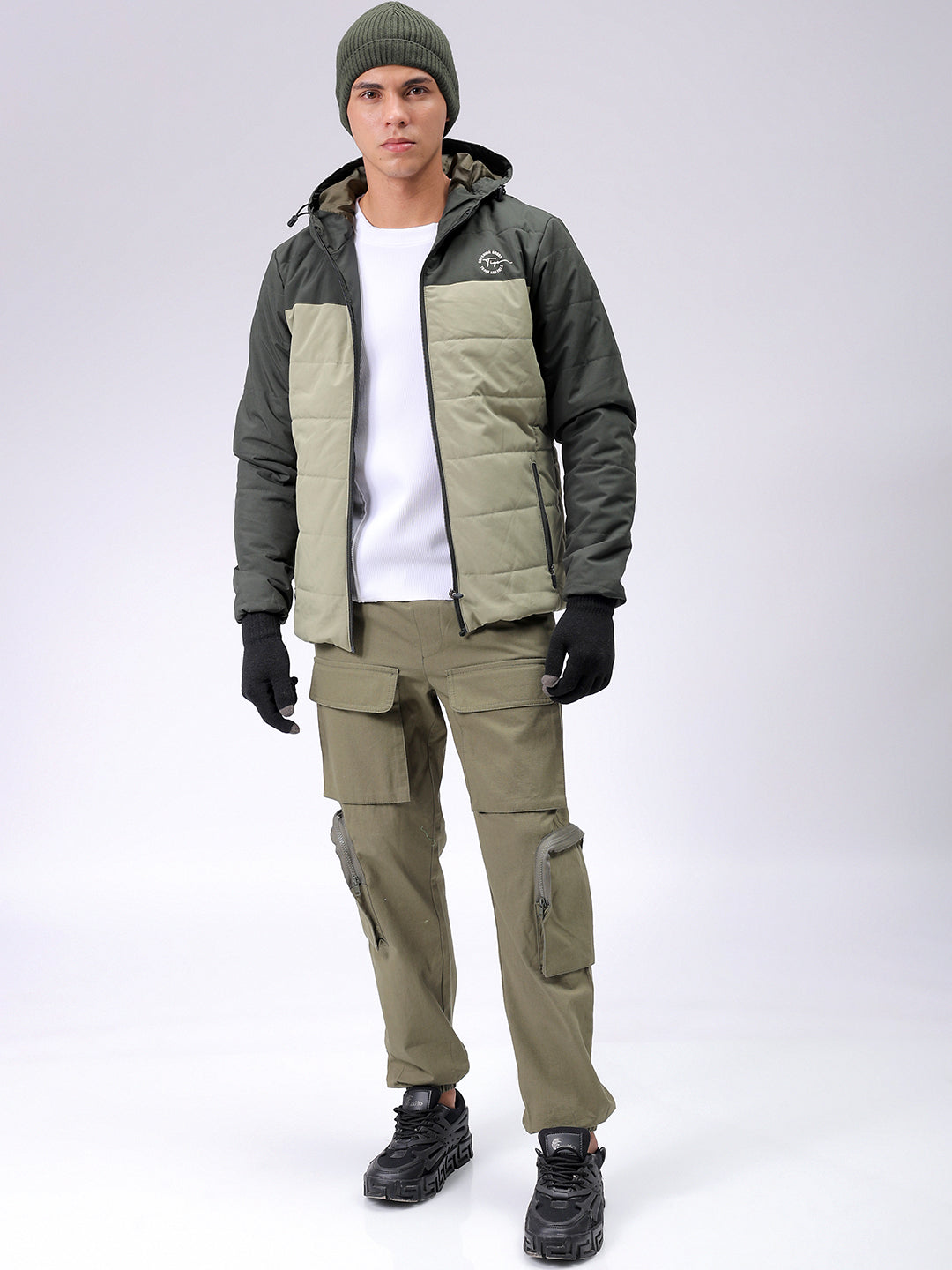 Men's Green Slim Fit Solid Hooded Jacket