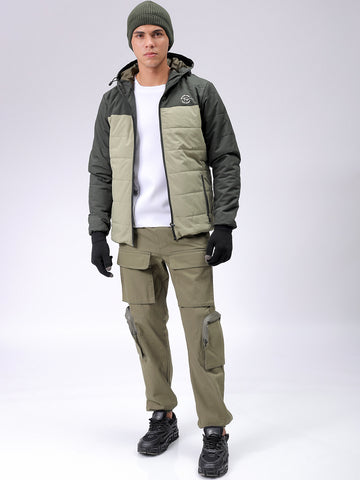 Men's Green Slim Fit Solid Hooded Jacket