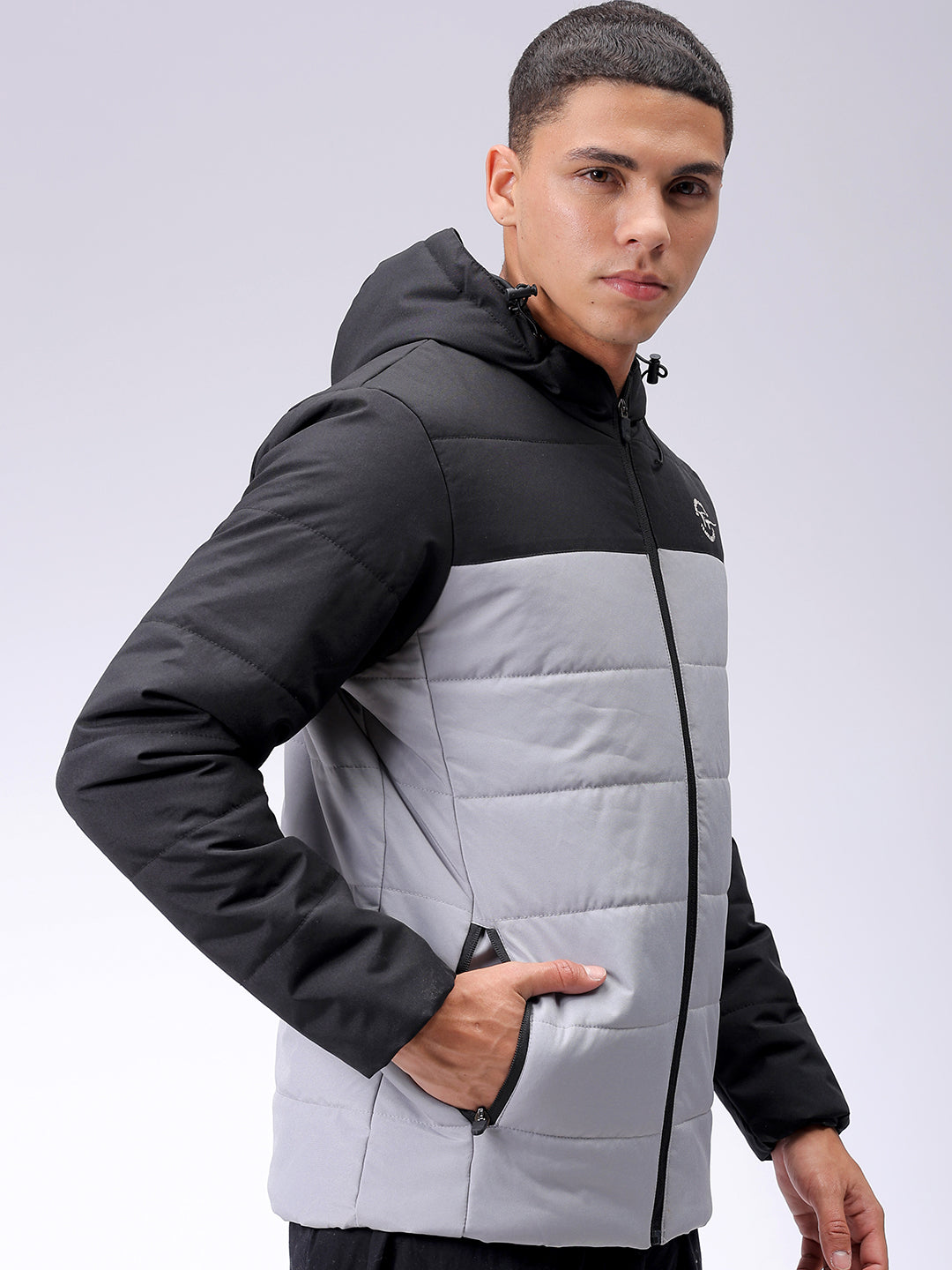 Men's Grey Slim Fit Solid Hooded Jacket