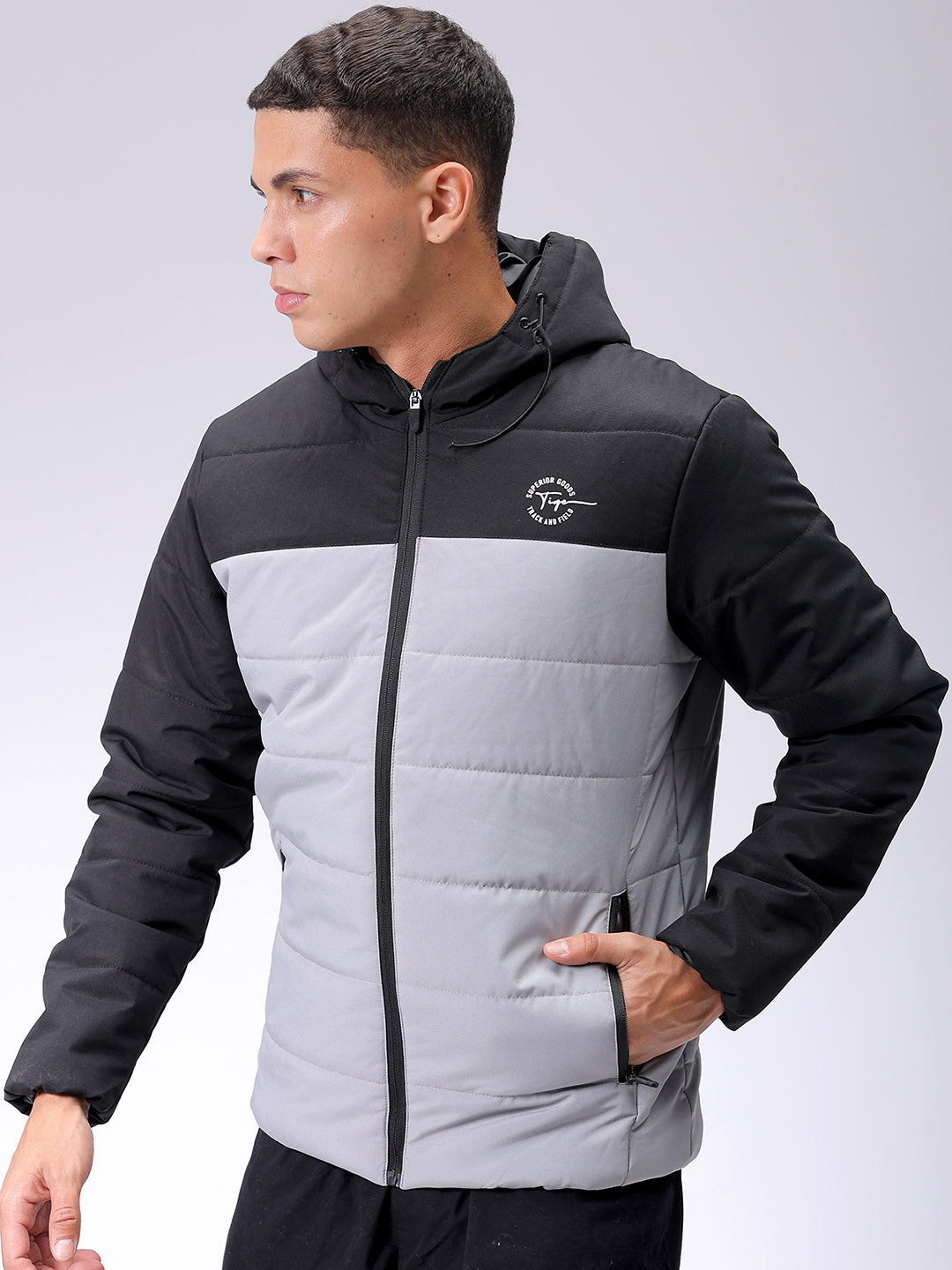 Men's Grey Slim Fit Solid Hooded Jacket