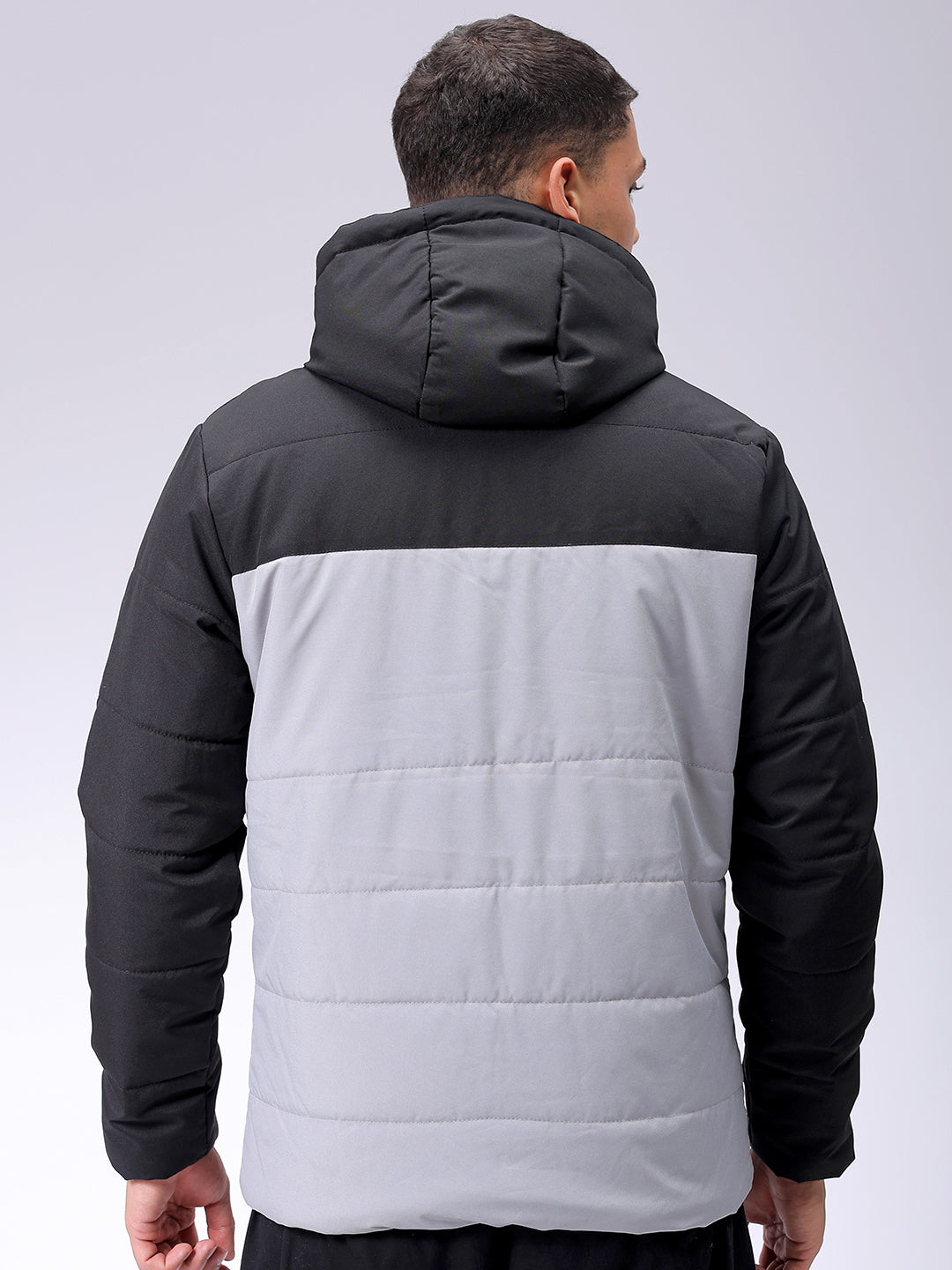 Men's Grey Slim Fit Solid Hooded Jacket