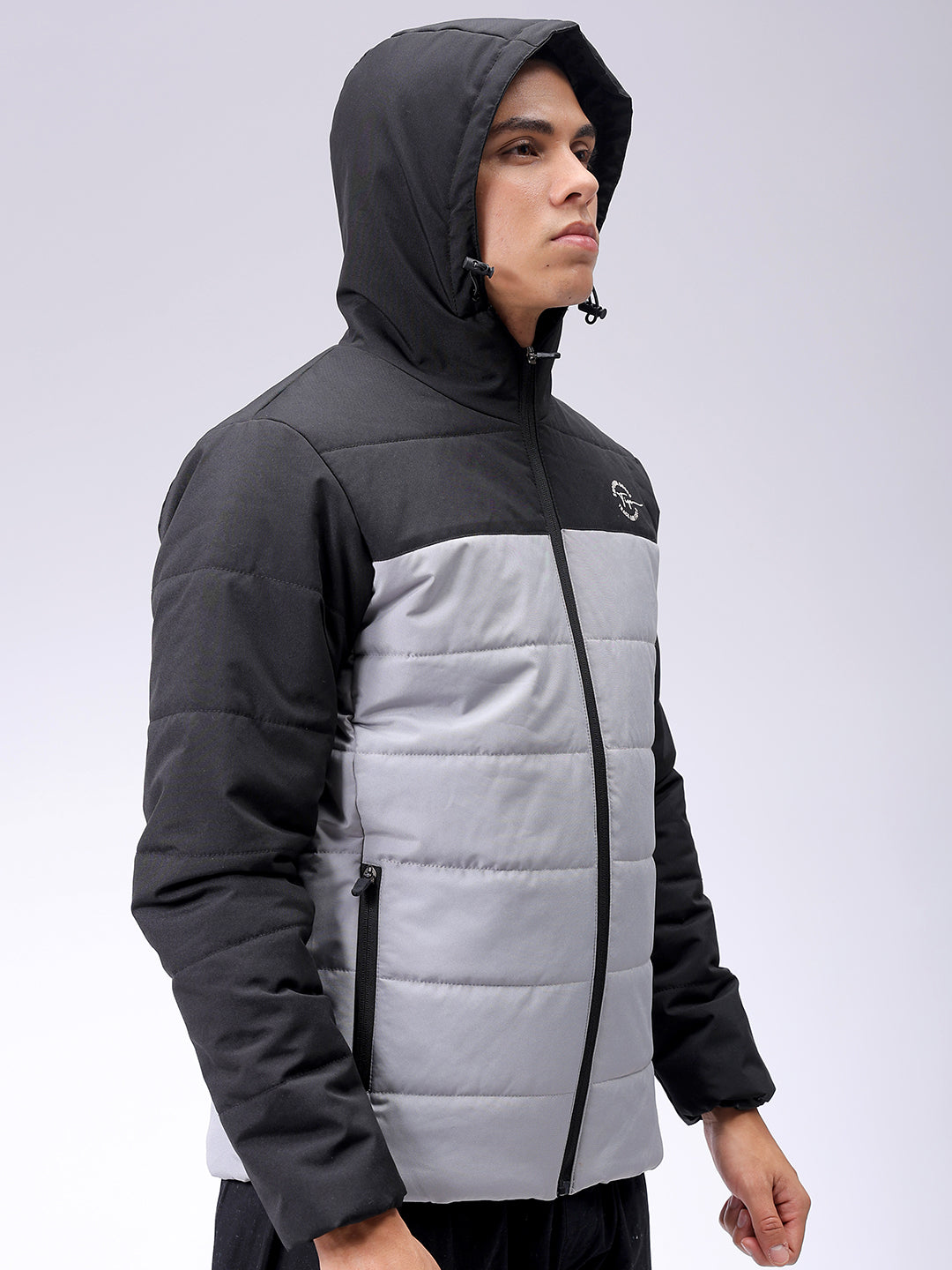 Men's Grey Slim Fit Solid Hooded Jacket