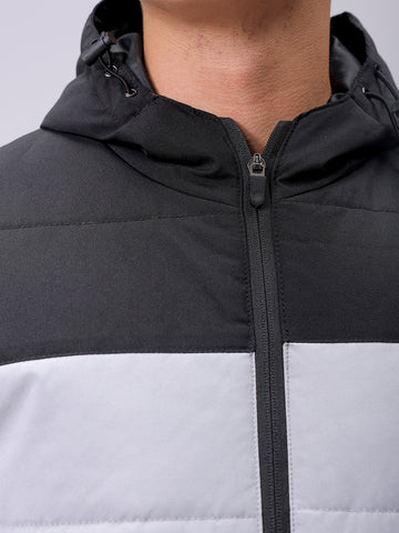 Men's Grey Slim Fit Solid Hooded Jacket