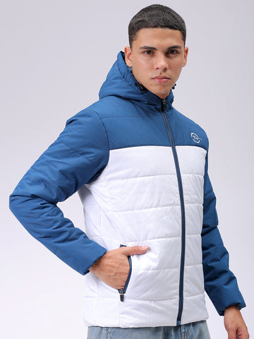 Men's Teal Slim Fit Solid Hooded Jacket