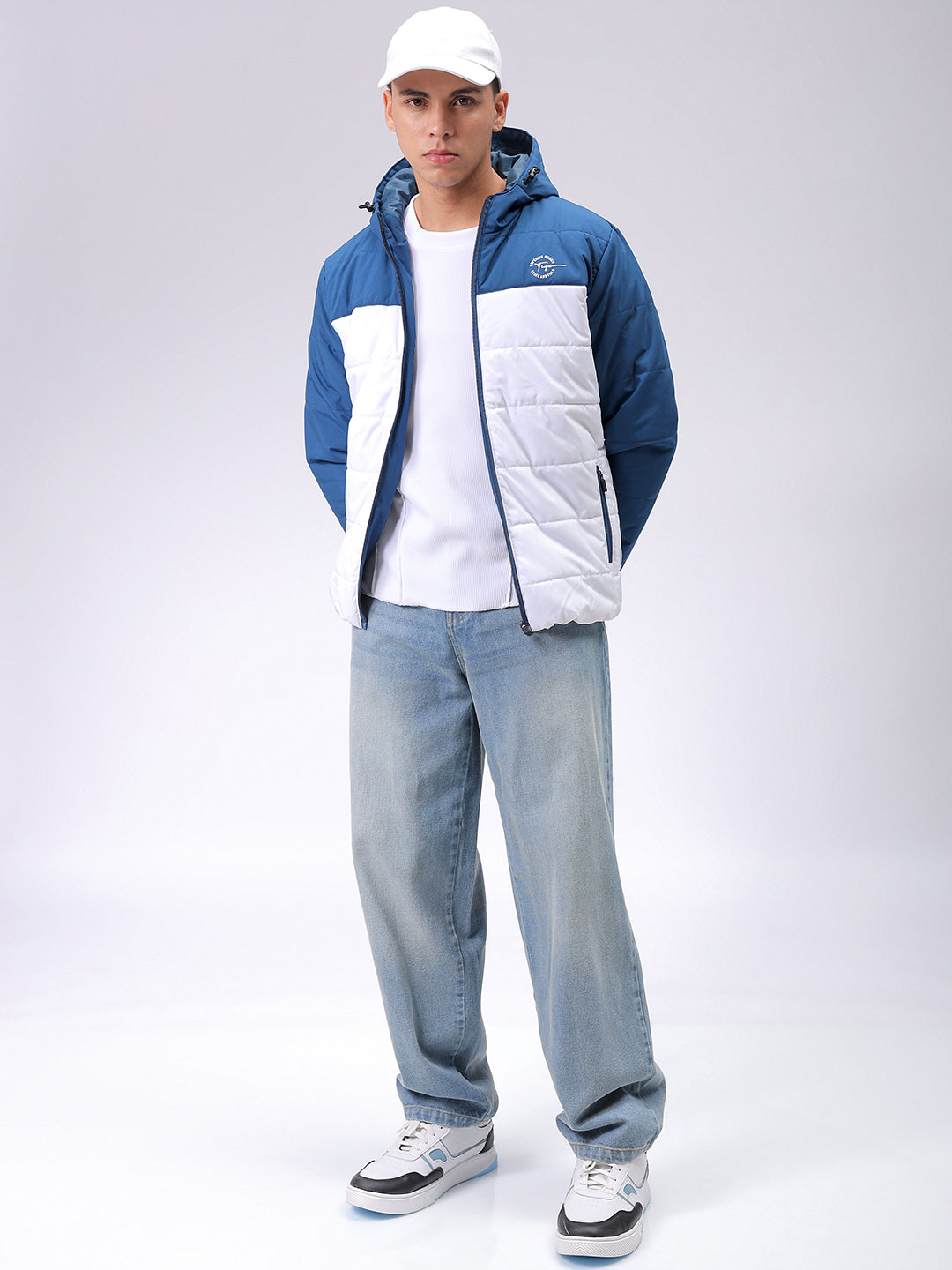 Men's Teal Slim Fit Solid Hooded Jacket