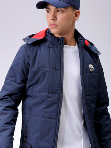 Men's Navy Blue Slim Fit Solid Hooded Jacket