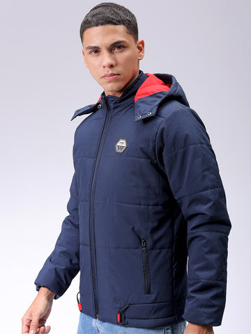 Men's Navy Blue Slim Fit Solid Hooded Jacket