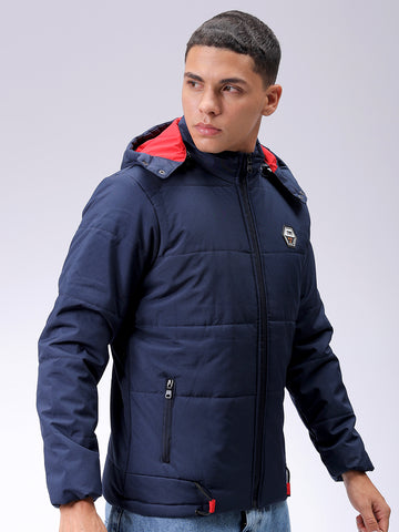 Men's Navy Blue Slim Fit Solid Hooded Jacket