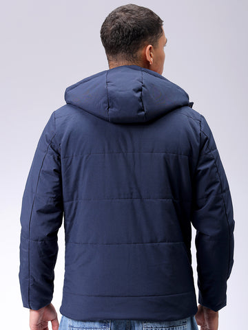 Men's Navy Blue Slim Fit Solid Hooded Jacket