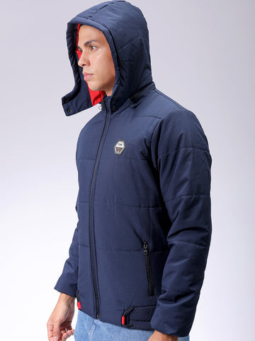 Men's Navy Blue Slim Fit Solid Hooded Jacket