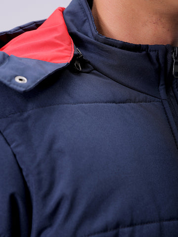 Men's Navy Blue Slim Fit Solid Hooded Jacket