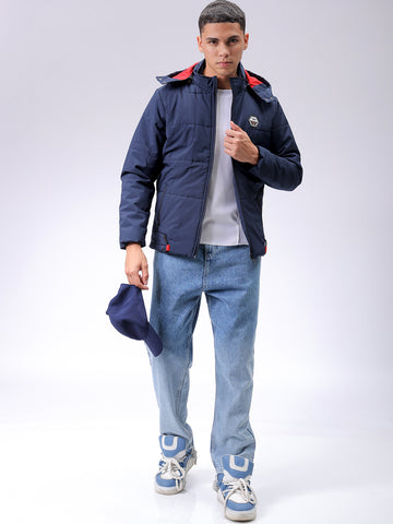 Men's Navy Blue Slim Fit Solid Hooded Jacket