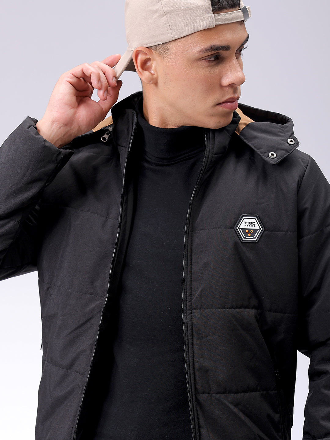 Men's Black Slim Fit Solid Hooded Jacket