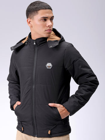 Men's Black Slim Fit Solid Hooded Jacket